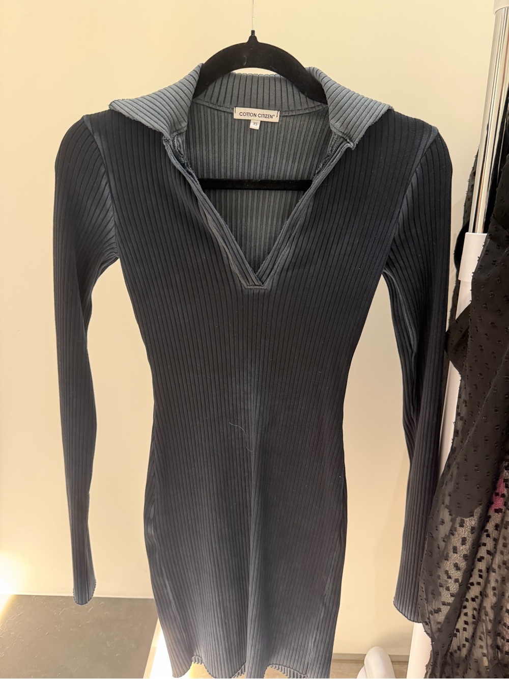 Cotton Citizen Navy Ribbed Long Sleeve Collared V‑Neck Dress